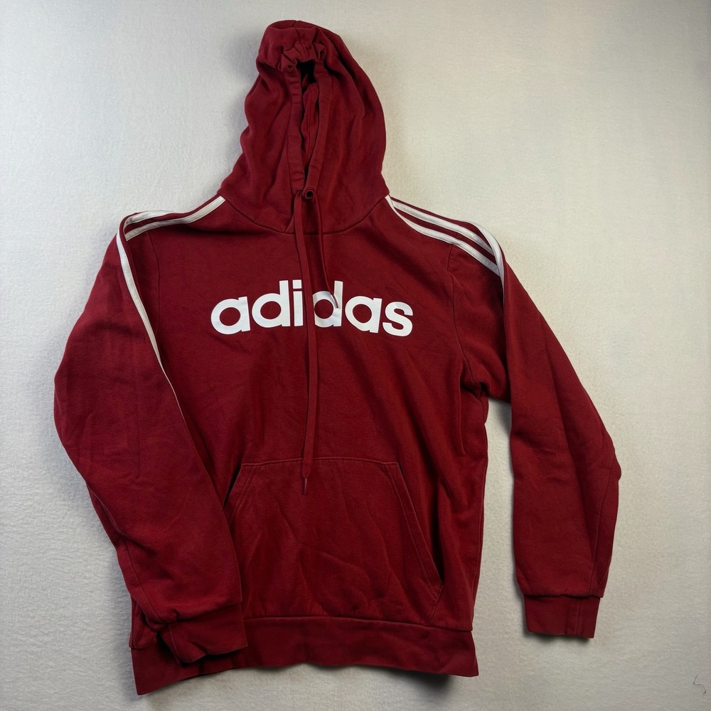 Adidas Hoodie Mens M Red 3-Stripe Pullover Logo Graphic Sporty Athleisure